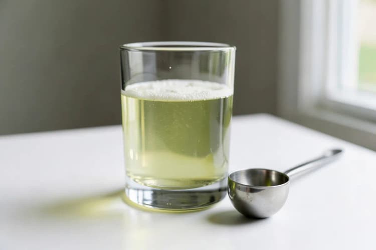 Um copo com colágeno hidrolisado em pó dissolvido em água, com uma colher ao lado.