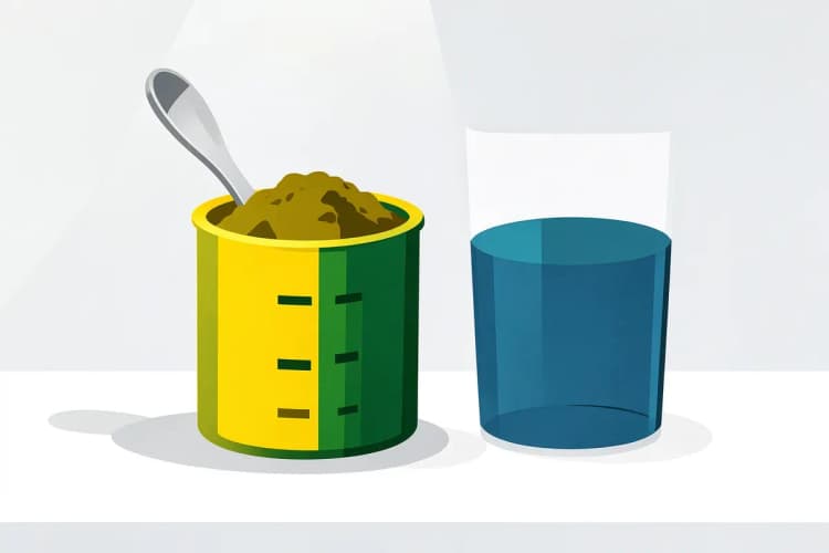 Um copo medidor com pó de colágeno tipo 2 e uma colher, ao lado de um copo de água.