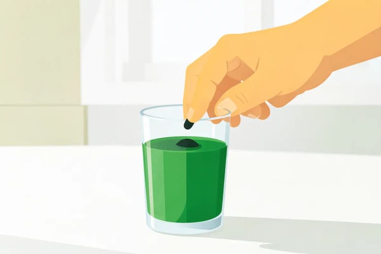 Uma mão adicionando pó de colágeno tipo 2 a um copo de água em um fundo claro.