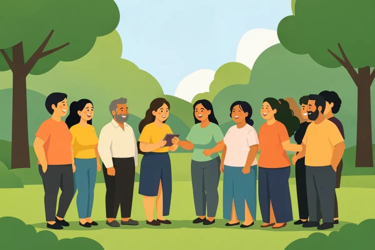 Um grupo de pessoas de diferentes idades sorrindo e interagindo em um ambiente externo ensolarado.
