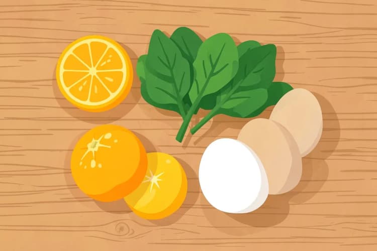 Variedade de frutas e vegetais frescos como laranjas, espinafre e ovos, dispostos sobre uma mesa de madeira.