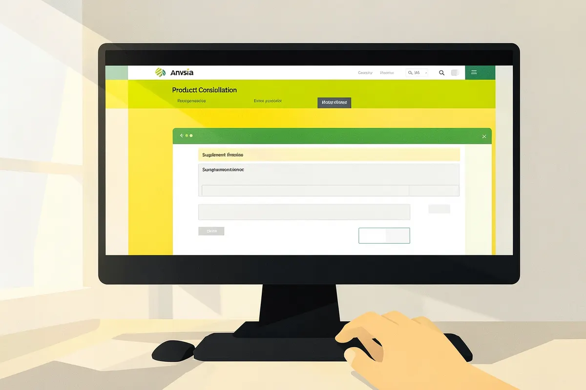 Tela de computador exibindo o site da Anvisa com a seção de consulta de produtos.
