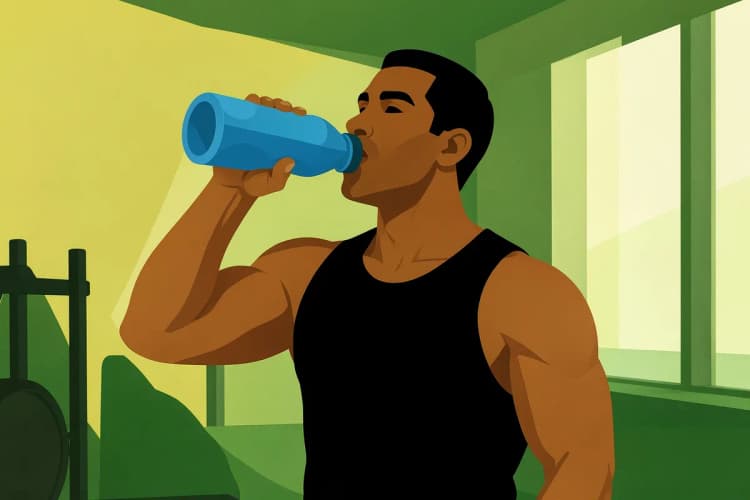 Homem musculoso bebendo água de uma garrafa após o treino.