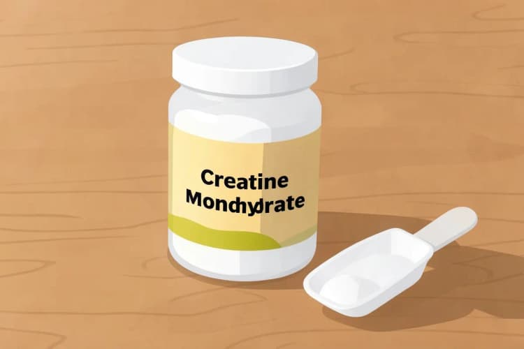 Pote de creatina monohidratada com a inscrição "Creatine Monohydrate".