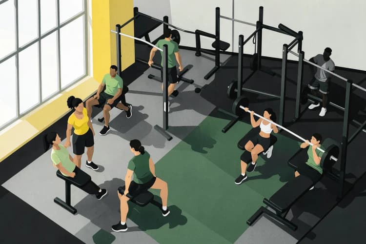 Grupo de pessoas diversas em uma academia, algumas treinando, outras descansando.