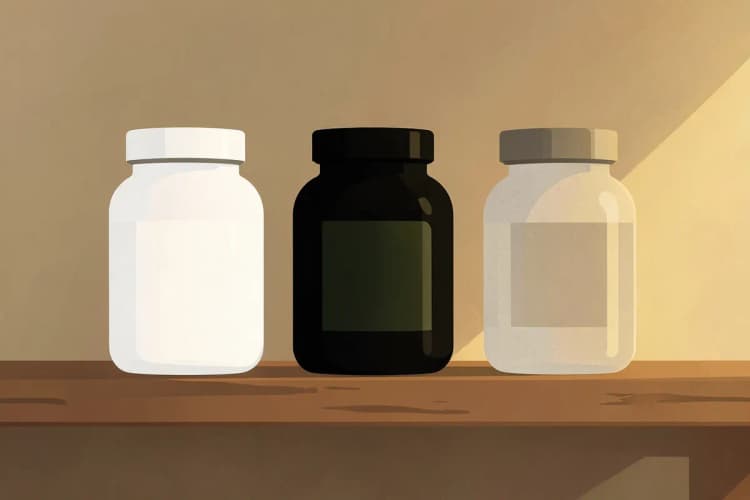 Três potes de suplementos diferentes alinhados em uma prateleira de madeira.