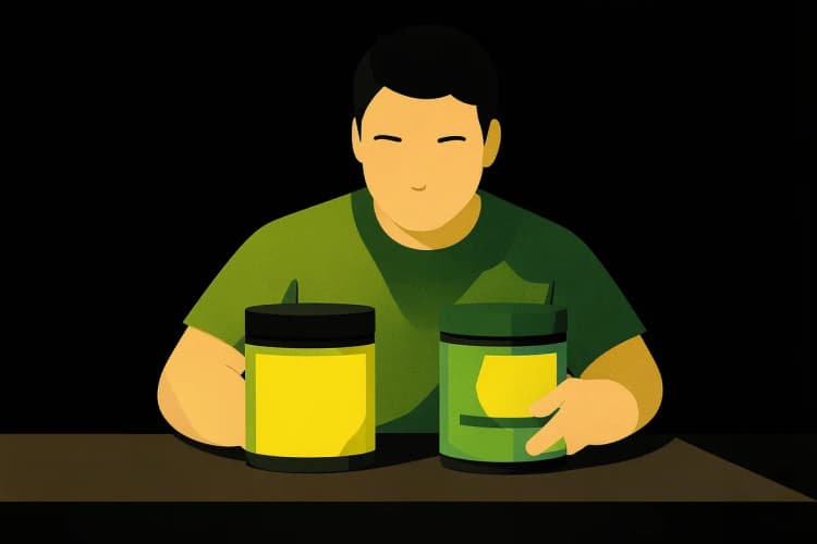 Uma pessoa examinando atentamente dois potes de suplementos diferentes, comparando os rótulos em uma mesa.