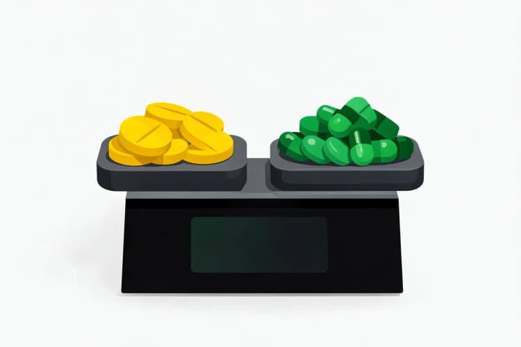 Uma balança de precisão com um monte de comprimidos de suplementos de um lado e um monte de cápsulas do outro, simbolizando a comparação de qualidade.
