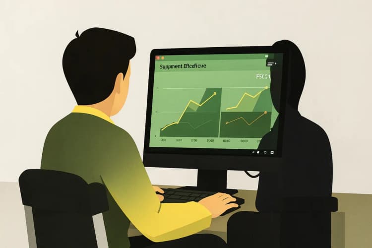 Uma pessoa sentada em frente a um computador, com gráficos e dados de desempenho visíveis na tela, avaliando a eficácia de suplementos.