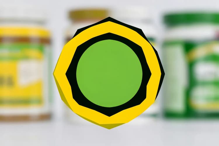 Um selo de certificação de qualidade em destaque, com um fundo desfocado de potes de suplementos.