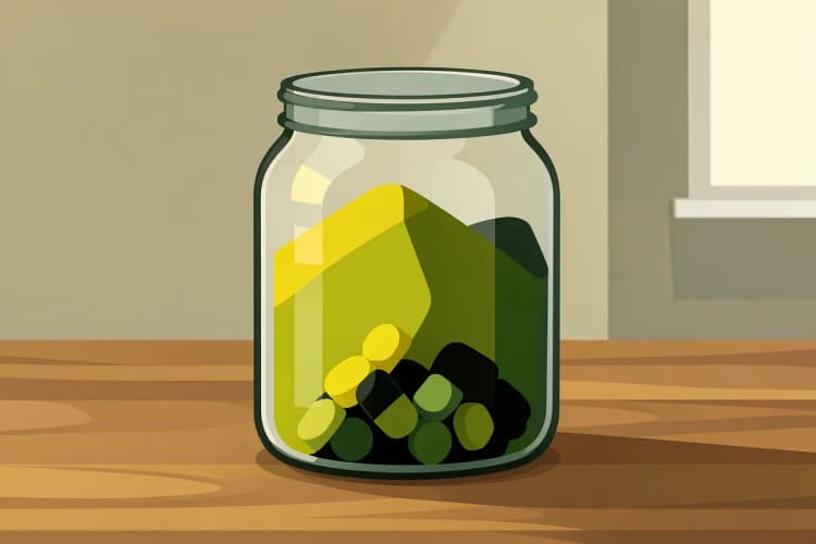 Recipiente de vidro com diferentes tipos de suplementos de magnésio em pó e comprimidos.