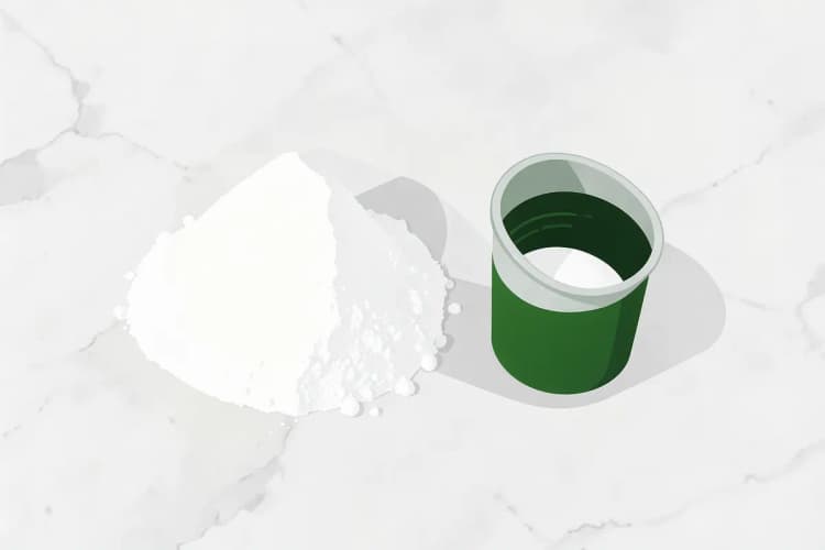Um monte de pó branco fino de magnésio citrato ao lado de um pequeno copo medidor em uma superfície de mármore.