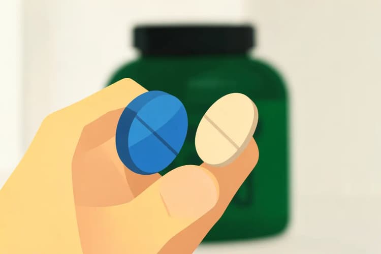 Mão segurando dois tipos diferentes de suplementos de magnésio em comprimidos, um azul e um bege.