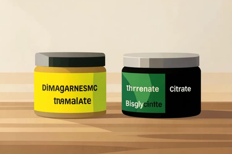 Quatro tipos diferentes de suplementos de magnésio (dimalato, treonato, citrato, bisglicinato) em recipientes separados sobre uma mesa.