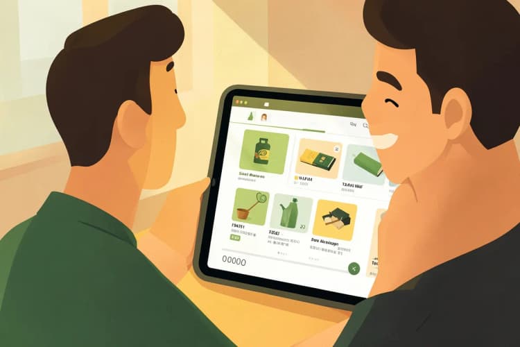 Um homem sorrindo enquanto navega em um site de marketplace em seu tablet.