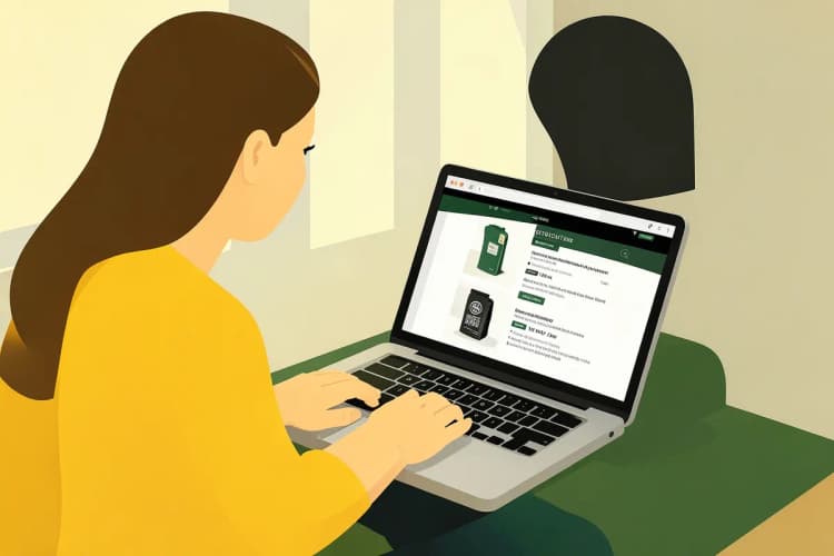 Uma mulher escolhendo um produto em um site oficial de marca em seu laptop.
