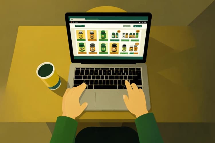 Uma pessoa confusa olhando para várias opções de suplementos em um marketplace.