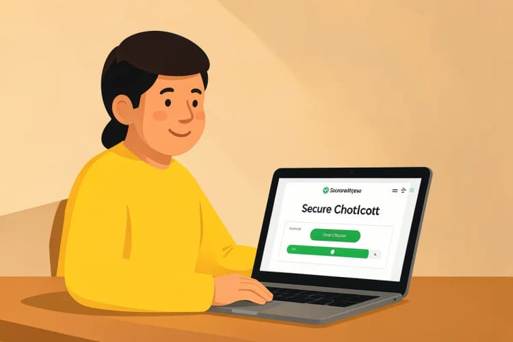 Uma pessoa satisfeita comprando um suplemento diretamente de um site oficial.