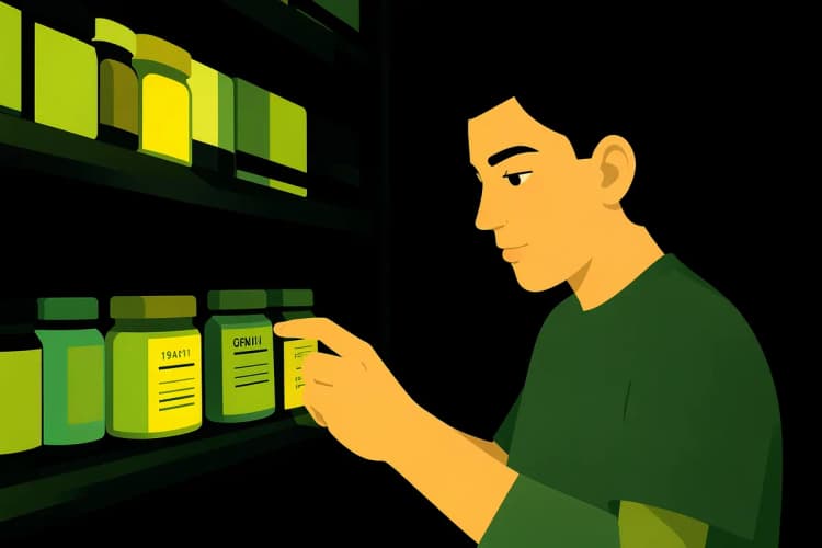 Uma pessoa lendo atentamente os rótulos de diferentes suplementos em uma prateleira.