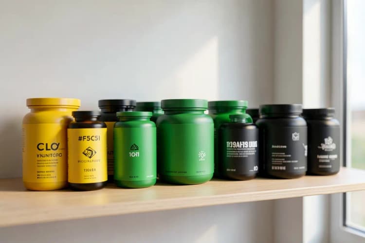 Variados potes de suplementos alimentares com diferentes rótulos em uma prateleira.