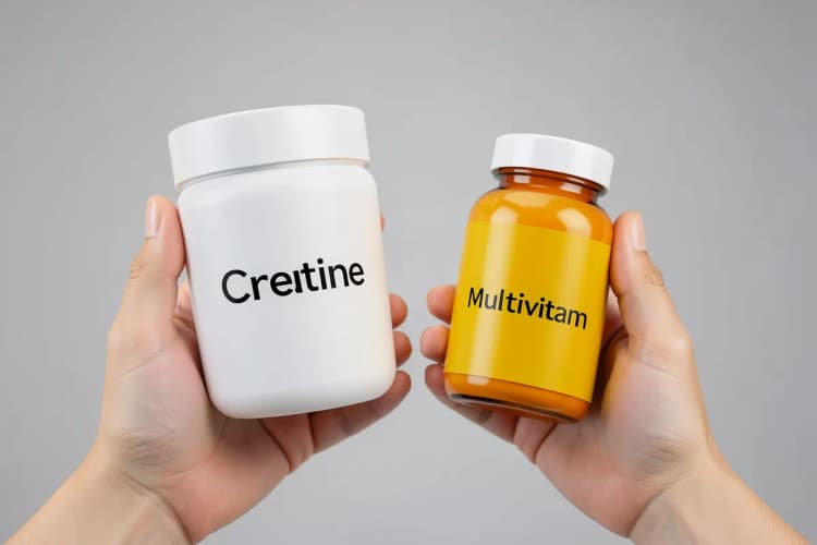 Mãos segurando um pote de creatina e um de multivitamínico.