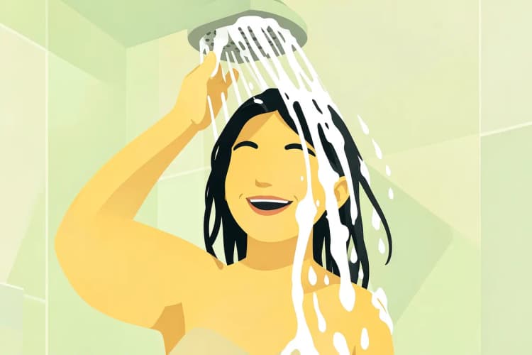 Mulher sorrindo enquanto enxagua o cabelo no chuveiro, com espuma caindo.