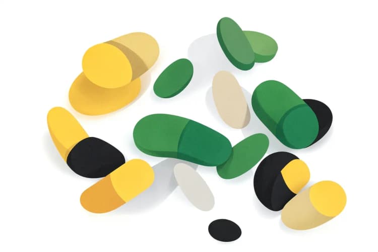 Cápsulas de magnésio de diferentes cores e formas em uma superfície branca.