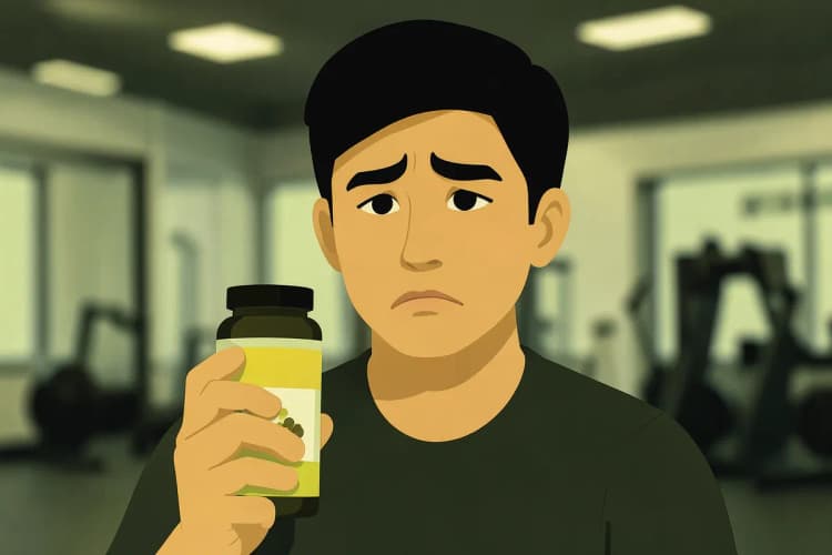 Uma pessoa segurando um frasco de suplemento com uma expressão de preocupação, com um fundo desfocado de uma academia.