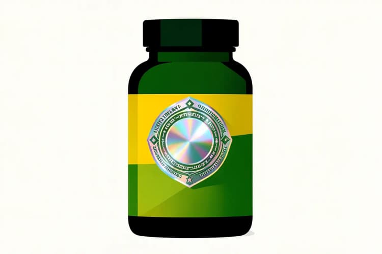 Um frasco de suplemento com um selo de autenticidade holográfico brilhante.