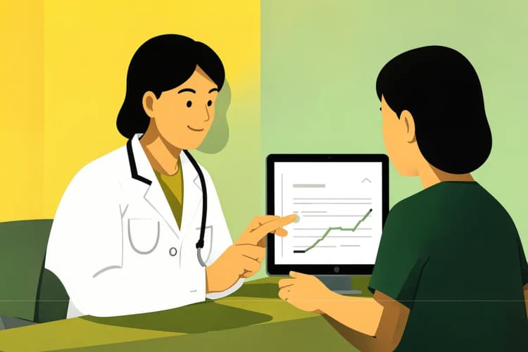 Um médico ou nutricionista conversando com um paciente enquanto aponta para um gráfico de saúde em um tablet.