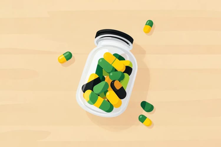 Frasco de suplemento vitamínico aberto com cápsulas coloridas espalhadas ao lado, sobre uma superfície de madeira clara.