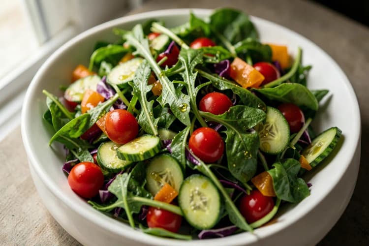 Uma salada colorida com folhas verdes, tomate e outros vegetais, com um fio de azeite escorrendo.