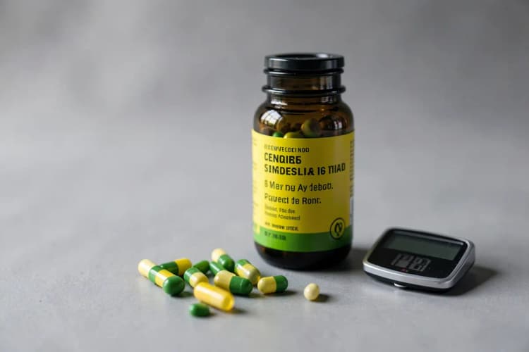 Um frasco de suplemento vitamínico aberto com cápsulas visíveis ao lado de uma balança de precisão.