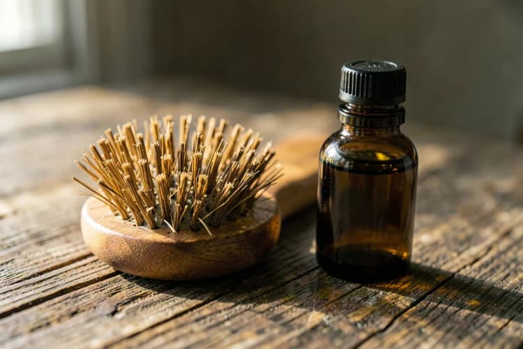 Uma escova de cabelo de madeira com cerdas naturais e um frasco de óleo capilar ao lado.