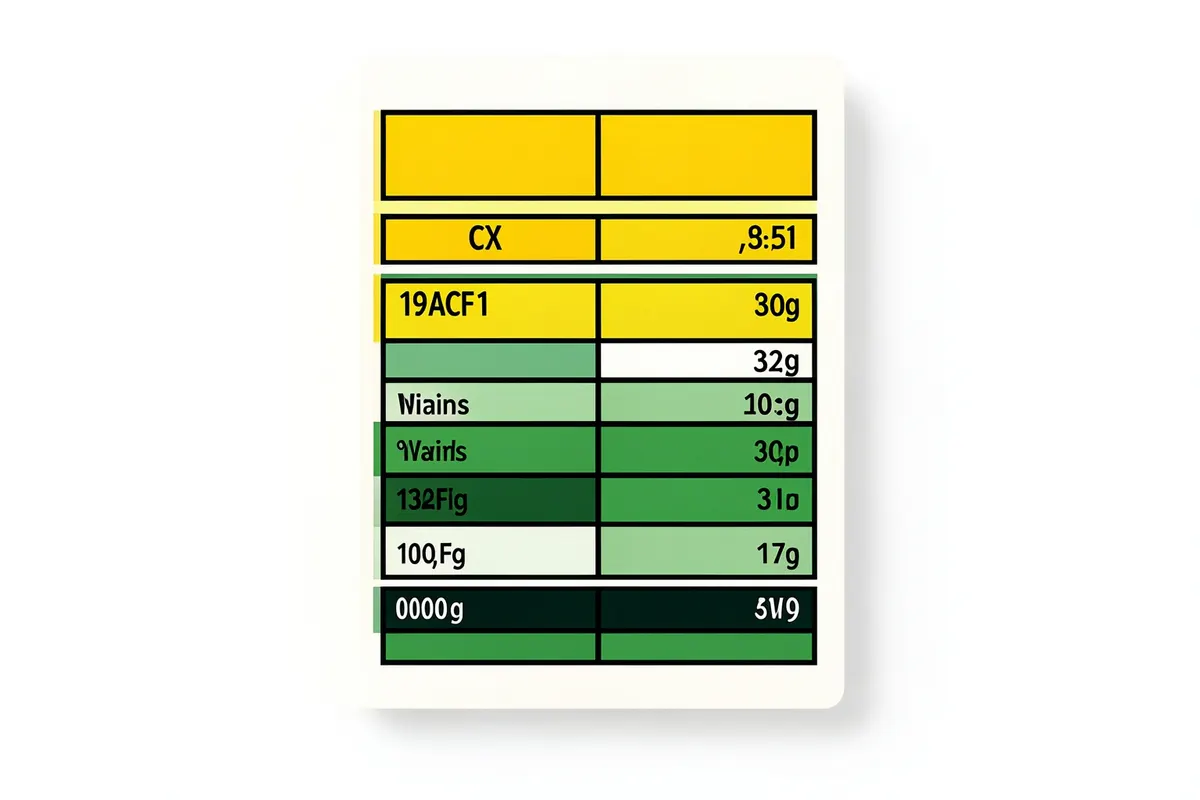 Uma tabela nutricional de um suplemento alimentar com destaque para calorias, proteínas e vitaminas.