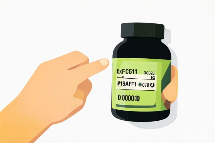 Um frasco de suplemento sendo verificado quanto à data de validade e integridade da embalagem.