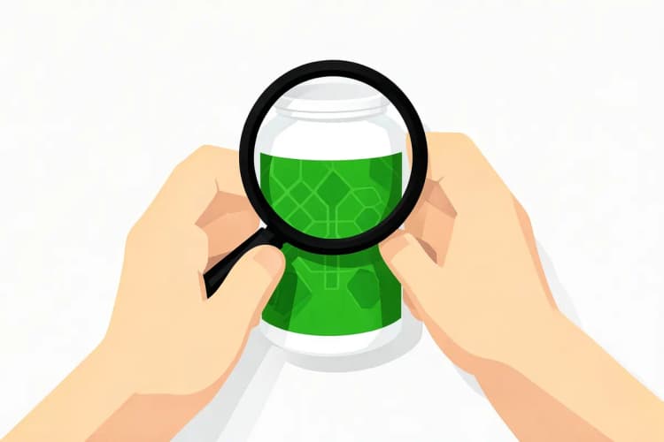 Uma pessoa examinando um frasco de suplemento com uma lupa, em fundo branco.