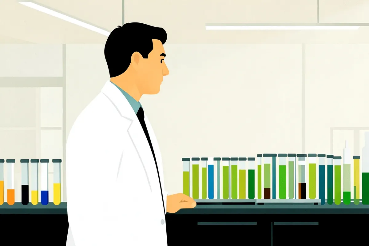 Uma pessoa em laboratório, examinando tubos de ensaio com líquidos coloridos.