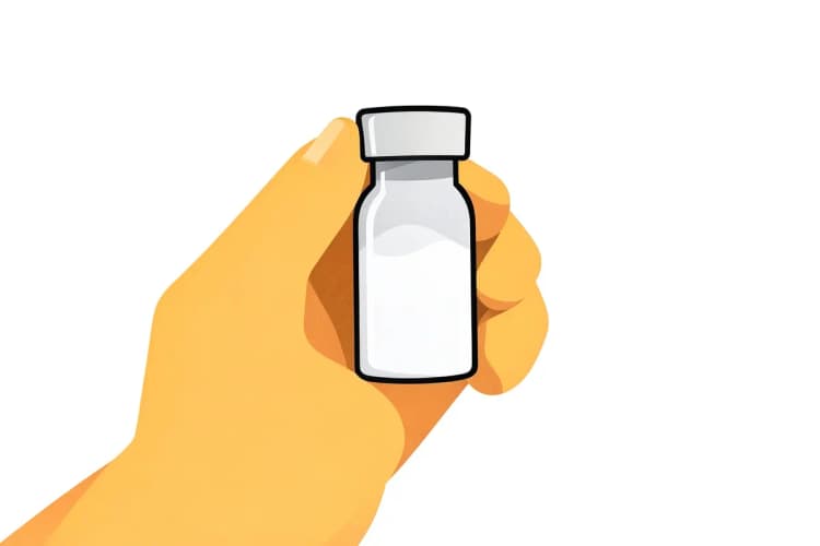 Mão segurando um pequeno recipiente com pó branco, simulando um teste de pureza.