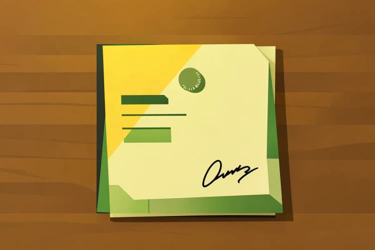 Um documento oficial com um carimbo e assinatura, em close-up, sobre uma mesa de madeira.