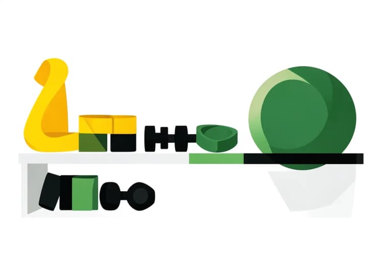 Uma variedade de produtos de fitness, como faixas de resistência, pesos e bolas de exercício, dispostos em uma prateleira.