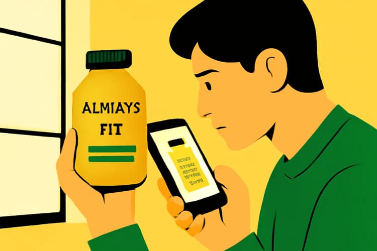 Uma pessoa examinando um produto Always Fit com atenção, comparando-o com uma imagem em um celular.