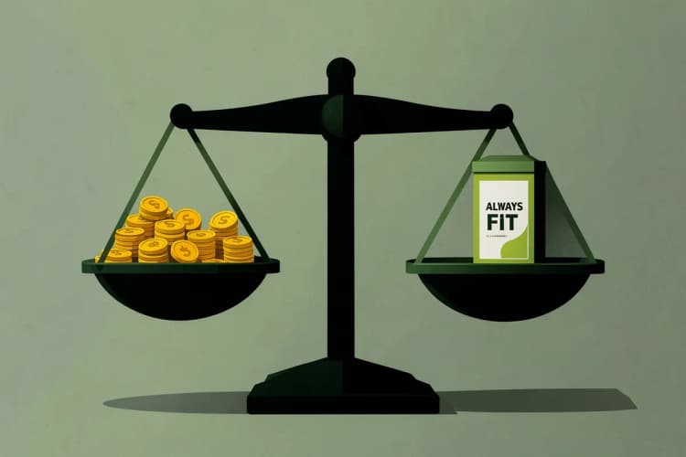Uma balança de dois pratos com moedas de um lado e um produto Always Fit do outro, simbolizando custo-benefício.