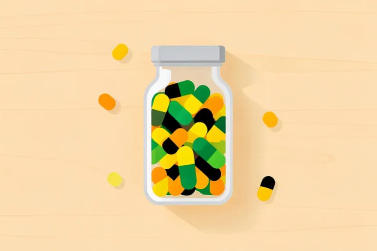 Close-up de um frasco de suplemento vitamínico com cápsulas coloridas ao lado, em uma superfície de madeira clara.