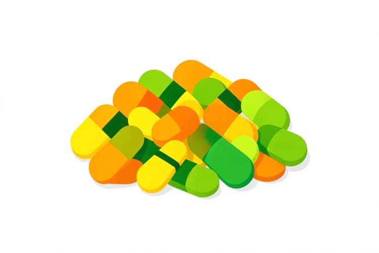 Pilha de diferentes cápsulas de vitaminas e comprimidos em tons vibrantes de amarelo, laranja e verde, sobre um fundo branco.