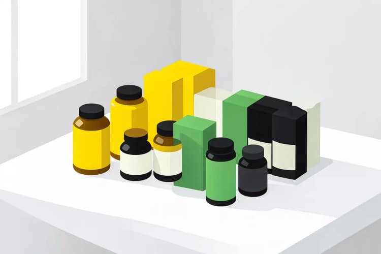 Embalagens de suplementos vitamínicos para cabelo dispostas de forma organizada sobre uma mesa branca.