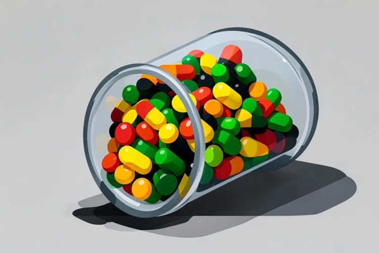 Um monte de cápsulas de vitaminas coloridas transbordando de um frasco.