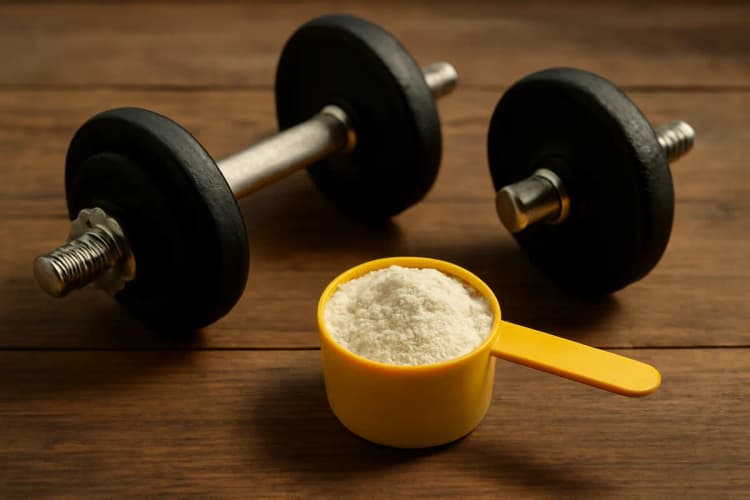 Conjunto de pesos de academia e um scoop de creatina em pó em fundo de madeira.