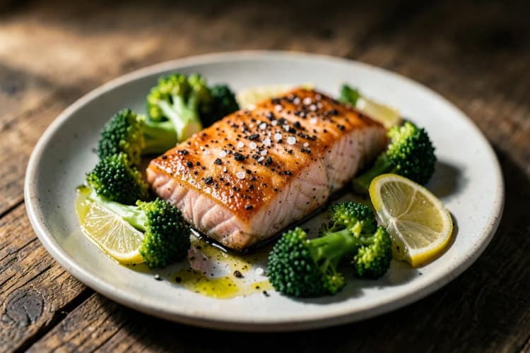 Um prato com salmão grelhado, brócolis e rodelas de limão, com foco em um pedaço de peixe.
