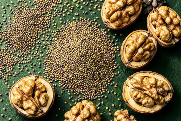 Um close-up de uma variedade de alimentos ricos em ômega 3, como sementes de chia, linhaça e nozes.